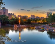 The Assiniboine River Marina and the Market and Tower at The Forks, a National Historic Site in the City of Winnipeg, Manitoba, Canada.