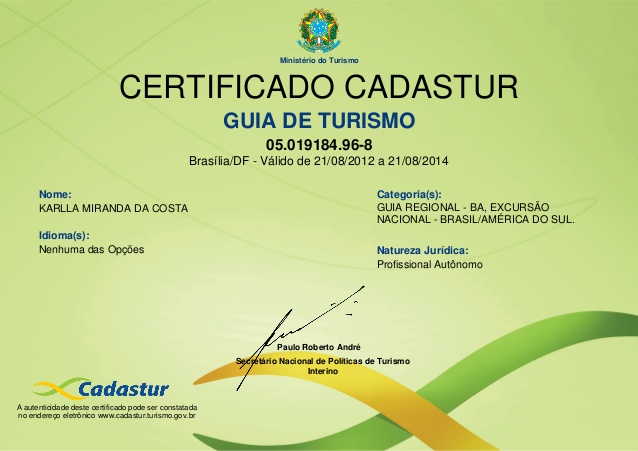 Exemplo de um Certificado Cadastur 